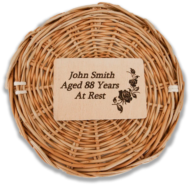 A wooden name plate on a willow lid